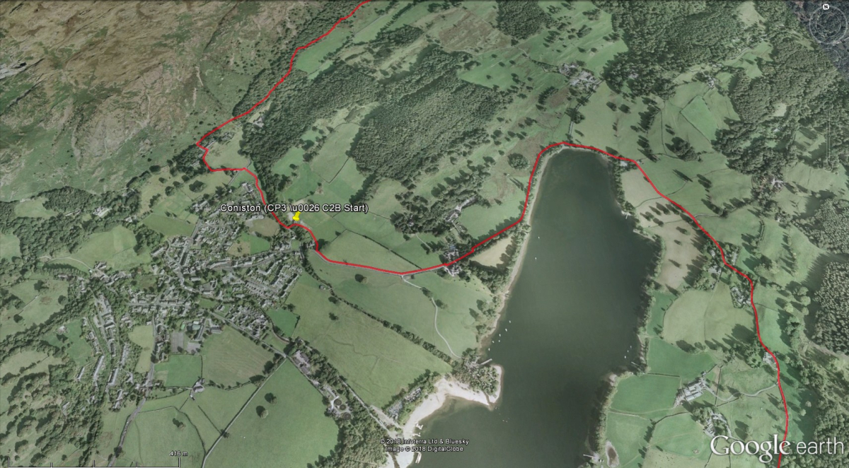 Aerial photograph of Coniston with route marked in red