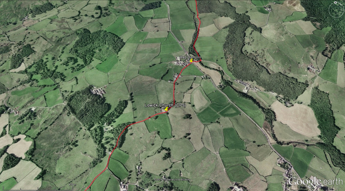 Aerial photograph of Lowick Church area with route marked in red