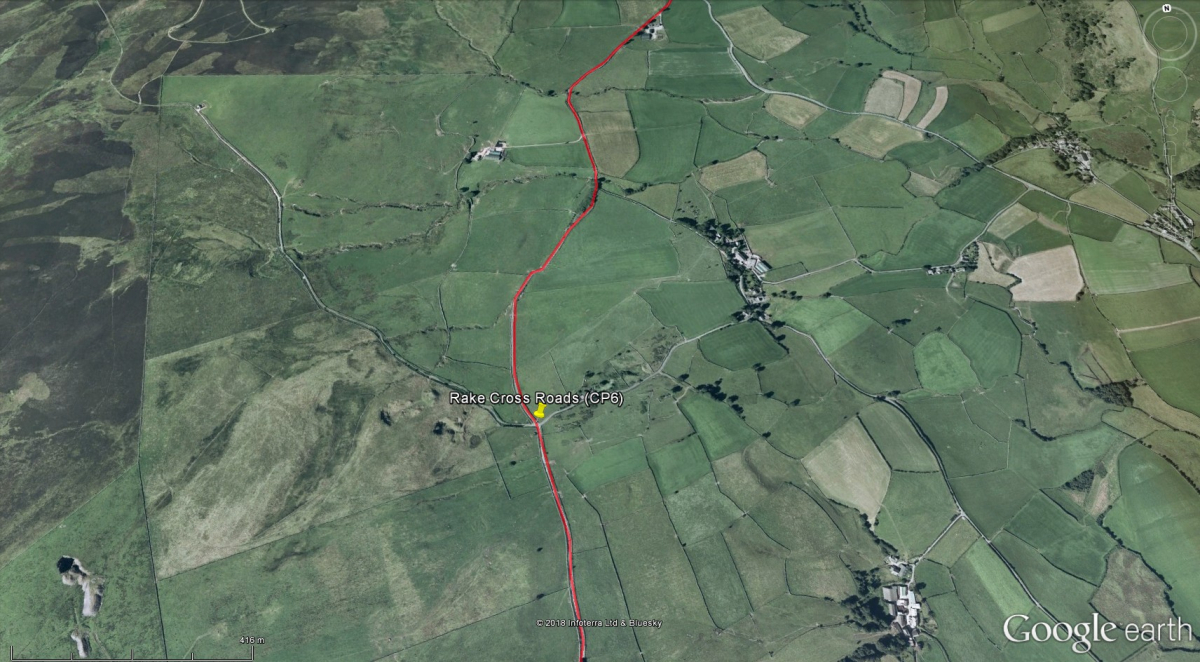 Aerial photograph of Rake Cross roads area with route marked in red